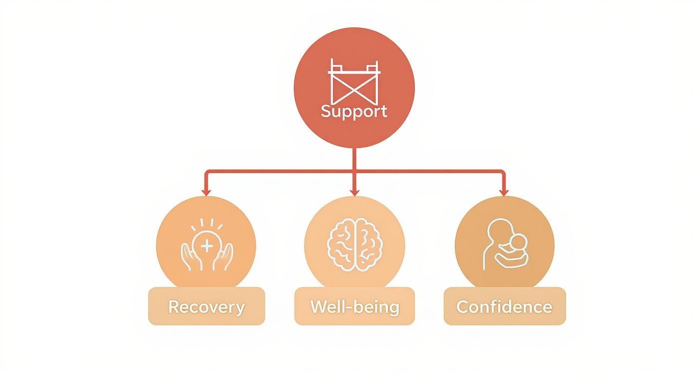 A diagram illustrates 'Support' leading to 'Recovery,' 'Well-being,' and 'Confidence,' each with an icon.