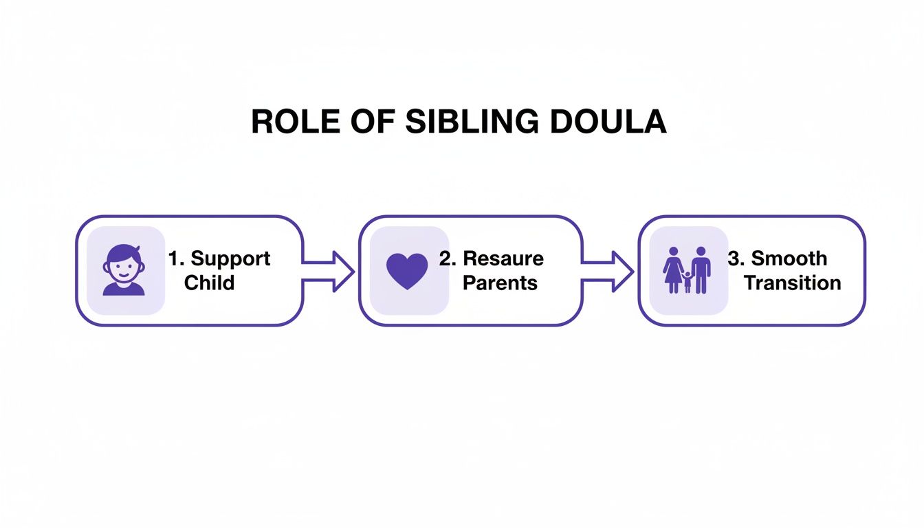 Flowchart illustrating the three main roles of a sibling doula: supporting the child, reassuring parents, and ensuring a smooth family transition.