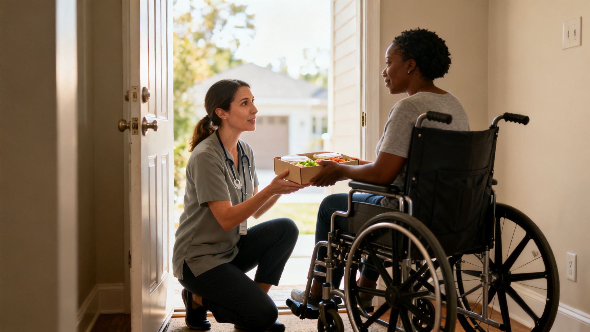 A compassionate healthcare provider kneels, handing a healthy meal box to a woman in a wheelchair.