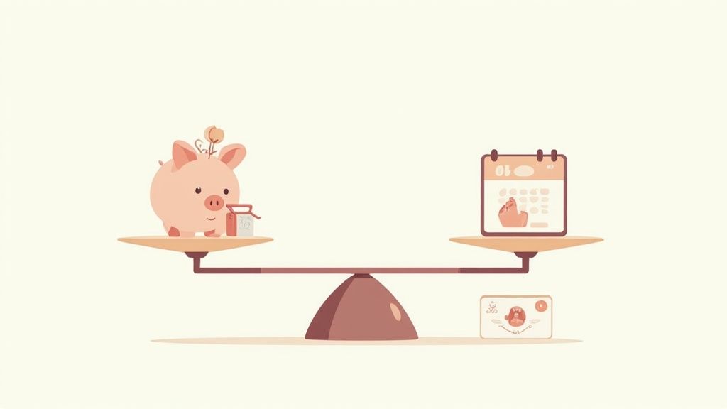 A balance scale weighing a piggy bank and gift against a calendar and a digital screen.