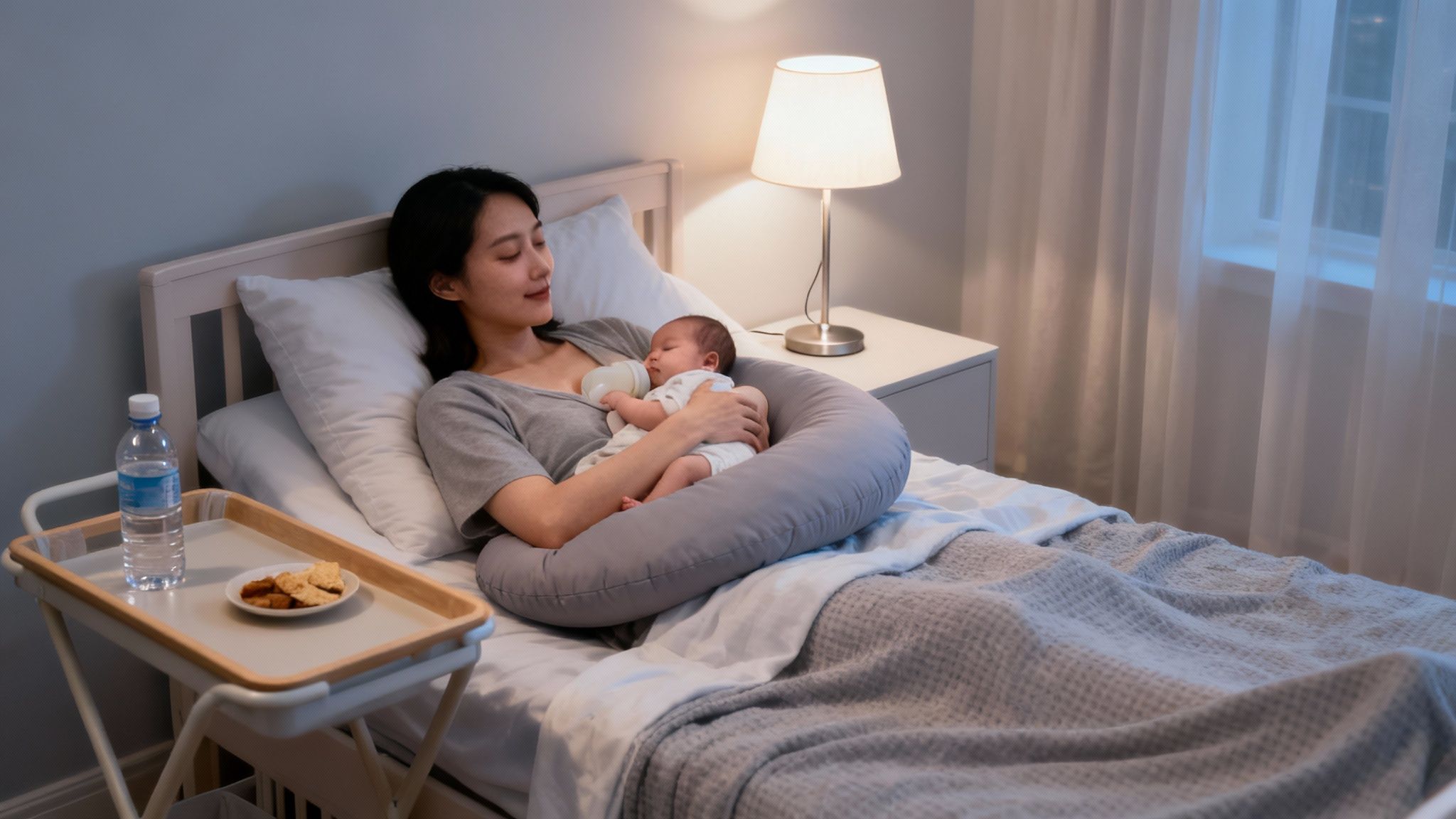 A caring mother bottle-feeding her baby at night in bed with a grey nursing pillow.