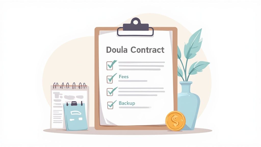 Doula contract checklist on clipboard showing fees and backup plan with calendar and coin