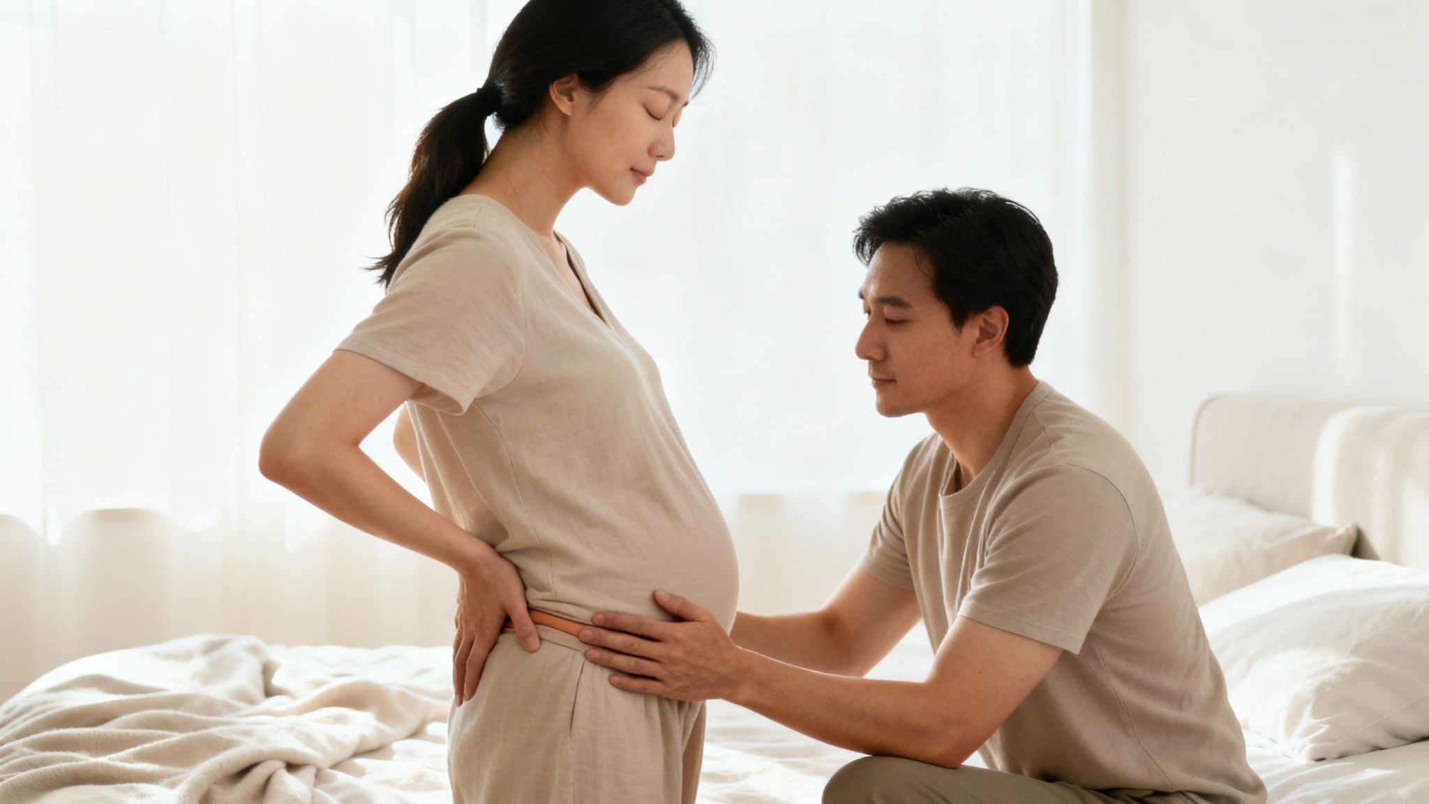 A loving husband supports his pregnant wife experiencing back pain, gently touching her belly.
