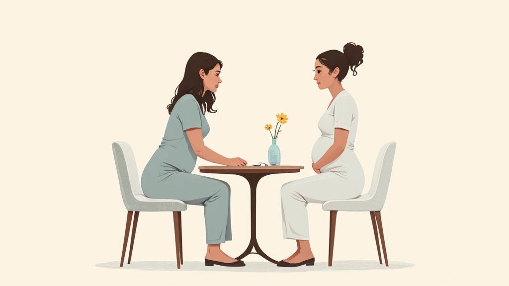 Two pregnant women sitting at table having supportive conversation with healthcare professional or doula
