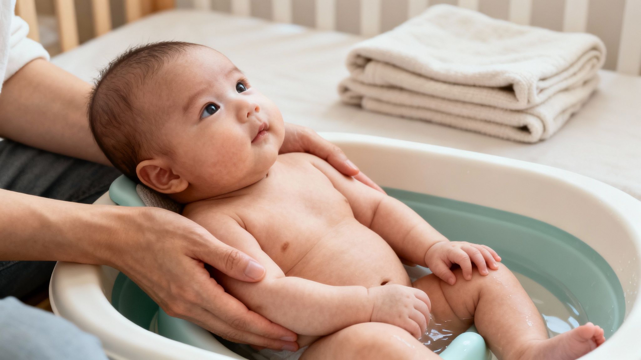 A content baby is taking a bath in a small tub, with an adult gently supporting.