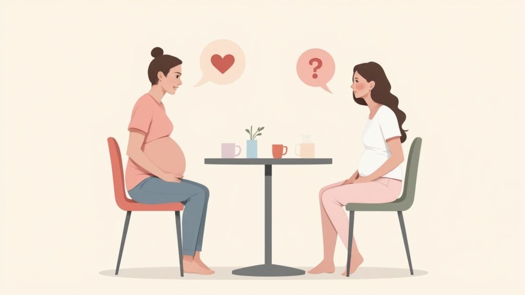 Woman interviewing a midwife at a table