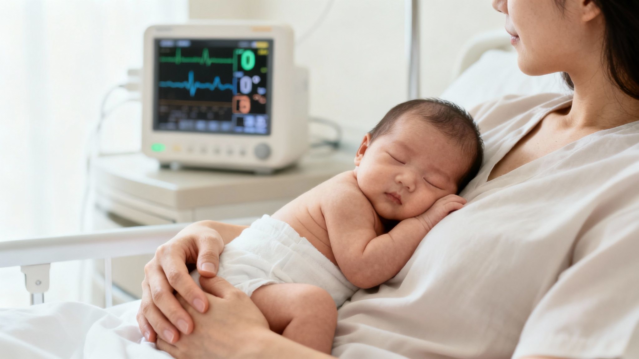 A new mother tenderly holds her sleeping newborn baby in skin-to-skin contact at the hospital.