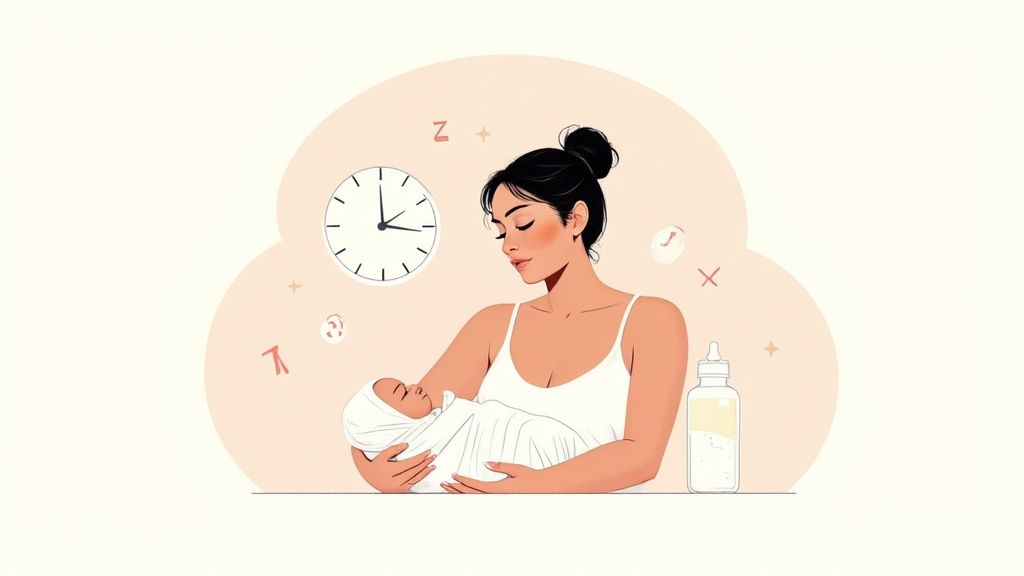 A loving mother holds her sleeping newborn baby, with a clock and baby bottle nearby, illustrating a new parent's routine.