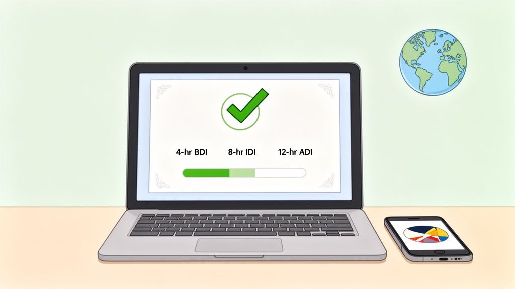 A laptop displays course progress for 4-hr BDI completion, next to a smartphone with a pie chart and a globe.