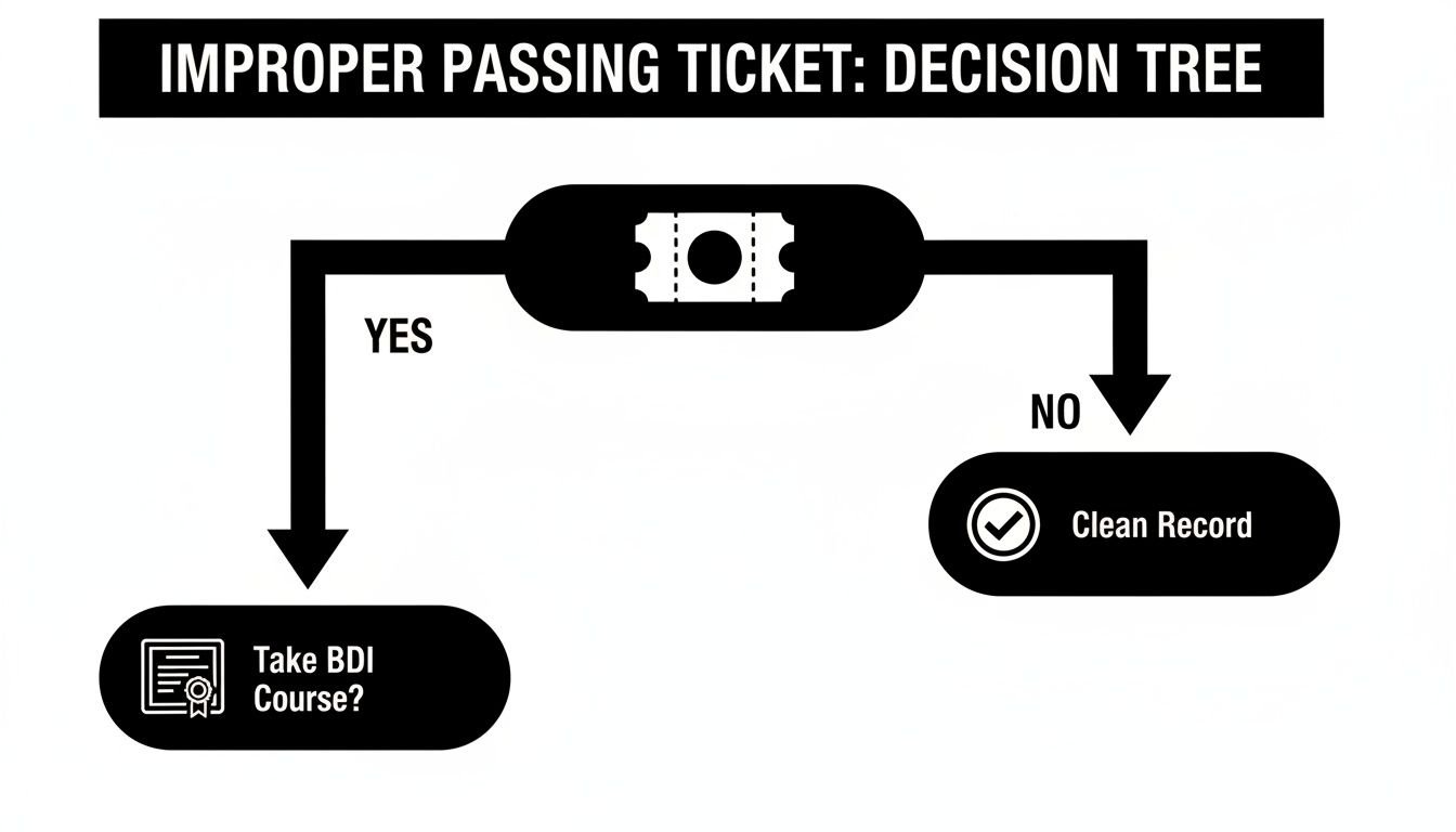 A decision tree diagram for an improper passing ticket, showing options for a BDI course or a clean record.