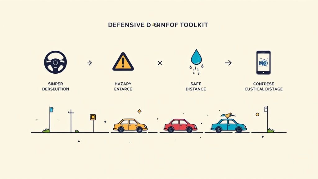 An infographic displaying a defensive driving toolkit with icons for steering, hazards, safe distance, and a road scene.