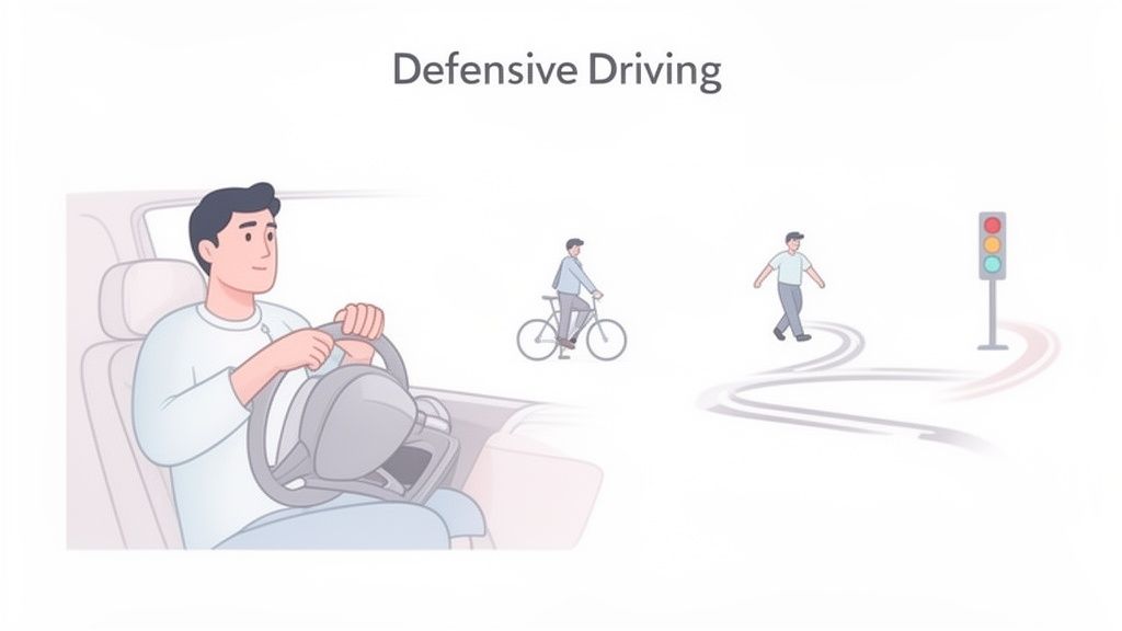 An illustration showing a driver, cyclist, and pedestrian near a traffic light, representing defensive driving principles.