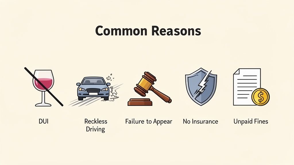 Illustrative image showing common reasons for a suspended driver's license: DUI, reckless driving, failure to appear, no insurance, and unpaid fines.