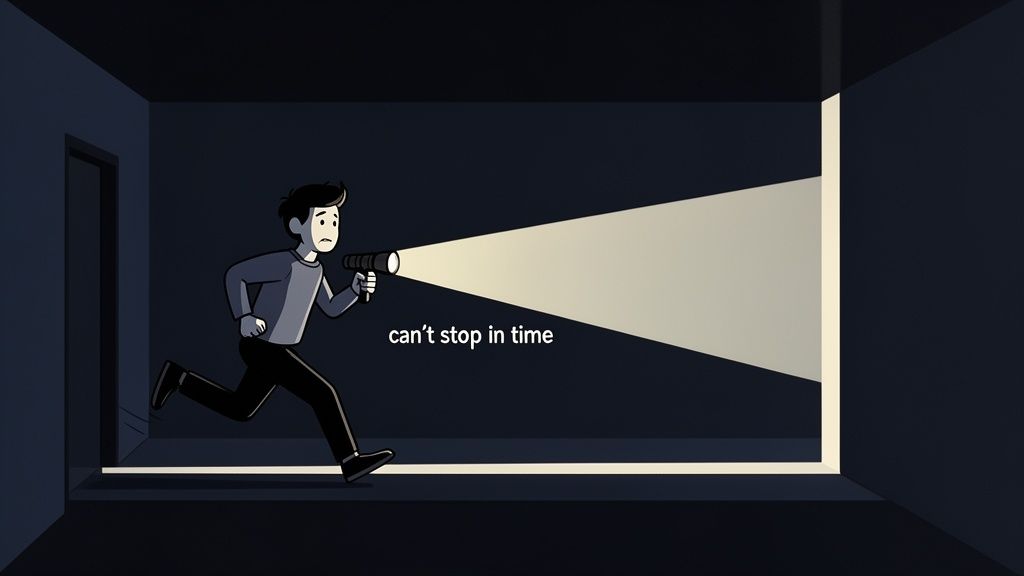 A cartoon character holding a flashlight running in a dark room with 'can't stop in time' text.