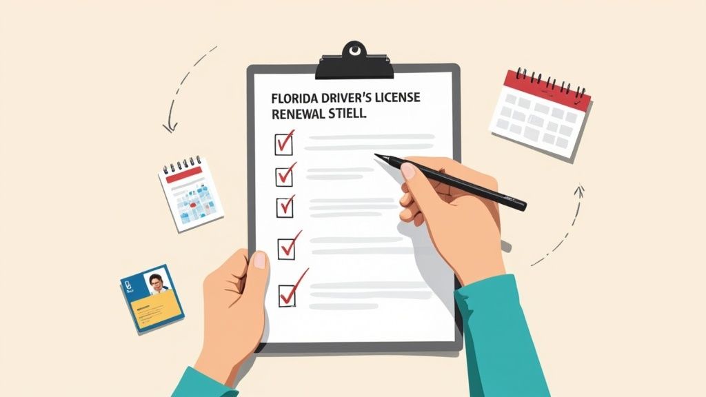 A person holding a Florida driver's license, ready for renewal.