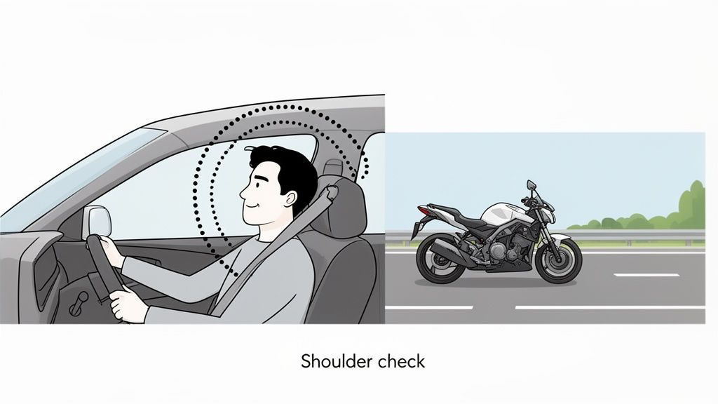 A driver performs a shoulder check in a car to visually check their blind spot for a motorcycle.