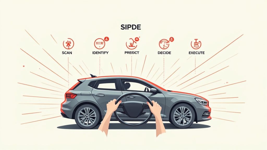 Illustration of a car with hands on the steering wheel, demonstrating the SIPDE driving method steps.