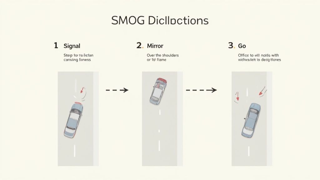 Infographic demonstrating the SMOG method for safe lane changes: Signal, Mirror, Go.