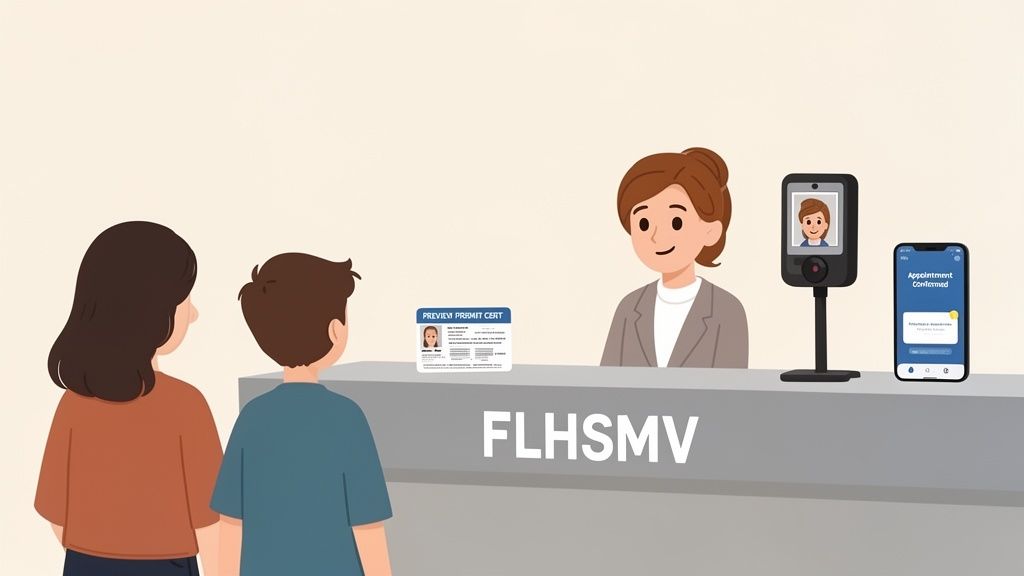 A family checks in at the FLHSMV counter for a driver's permit, using facial recognition and appointment confirmation.