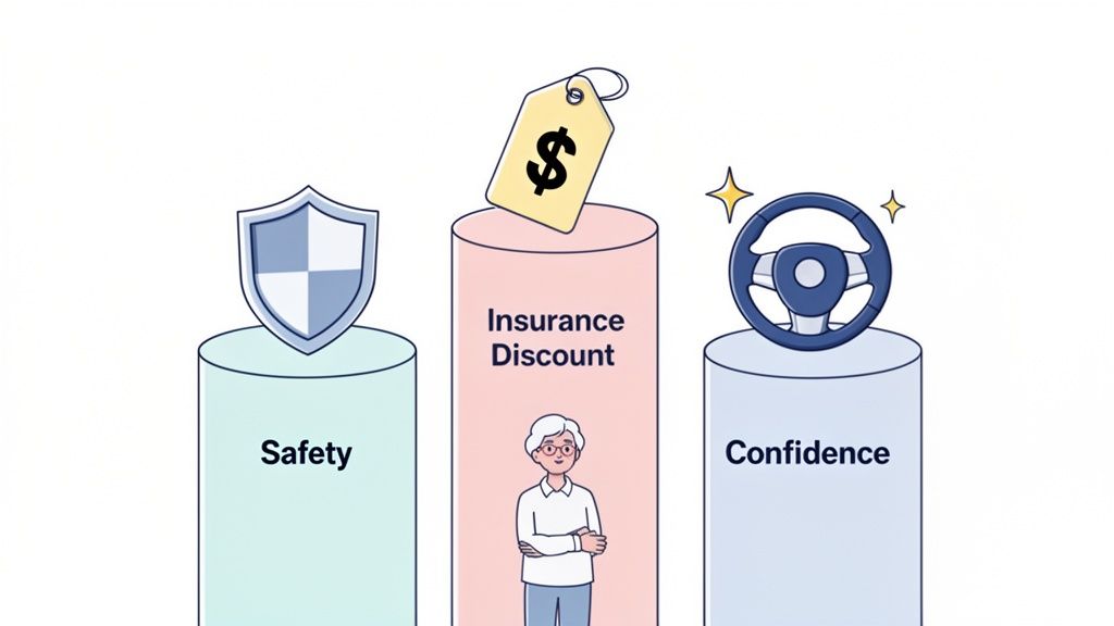 An infographic shows three benefits for seniors: safety, insurance discounts, and driving confidence.