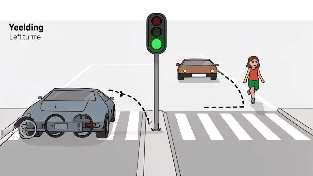 Illustration of a car turning left at a green light, yielding to a pedestrian crossing.