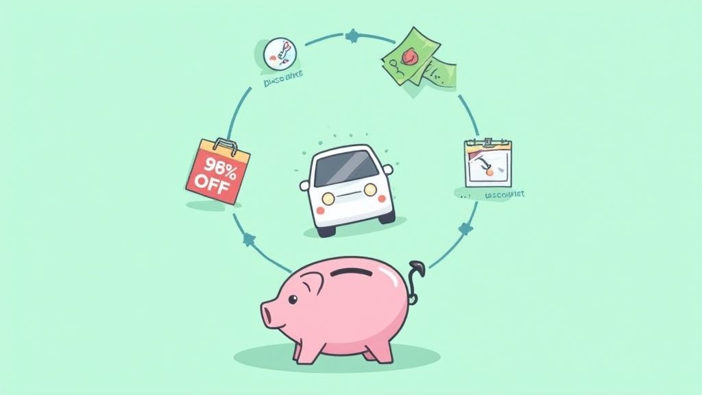 A piggy bank and car surrounded by elements representing car financial planning and discounts.