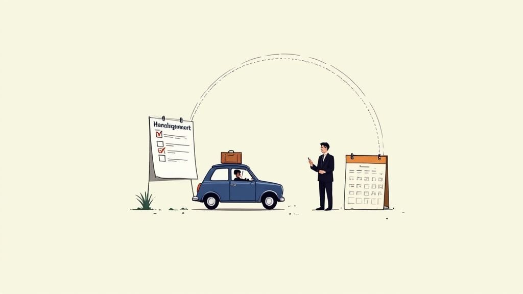 Illustration of a checklist, a person driving a car with luggage, a businessman, and a calendar connected by a dotted line.