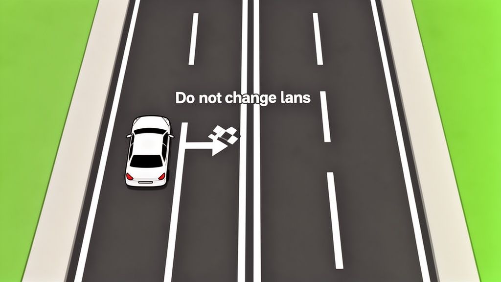 An overhead view of a white car on a road with double white lines and a 'Do not change lanes' sign.