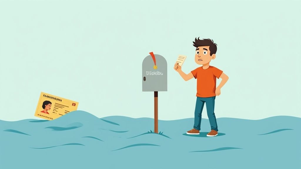 Confused man with a letter near a mailbox, while a yellow license floats in water.