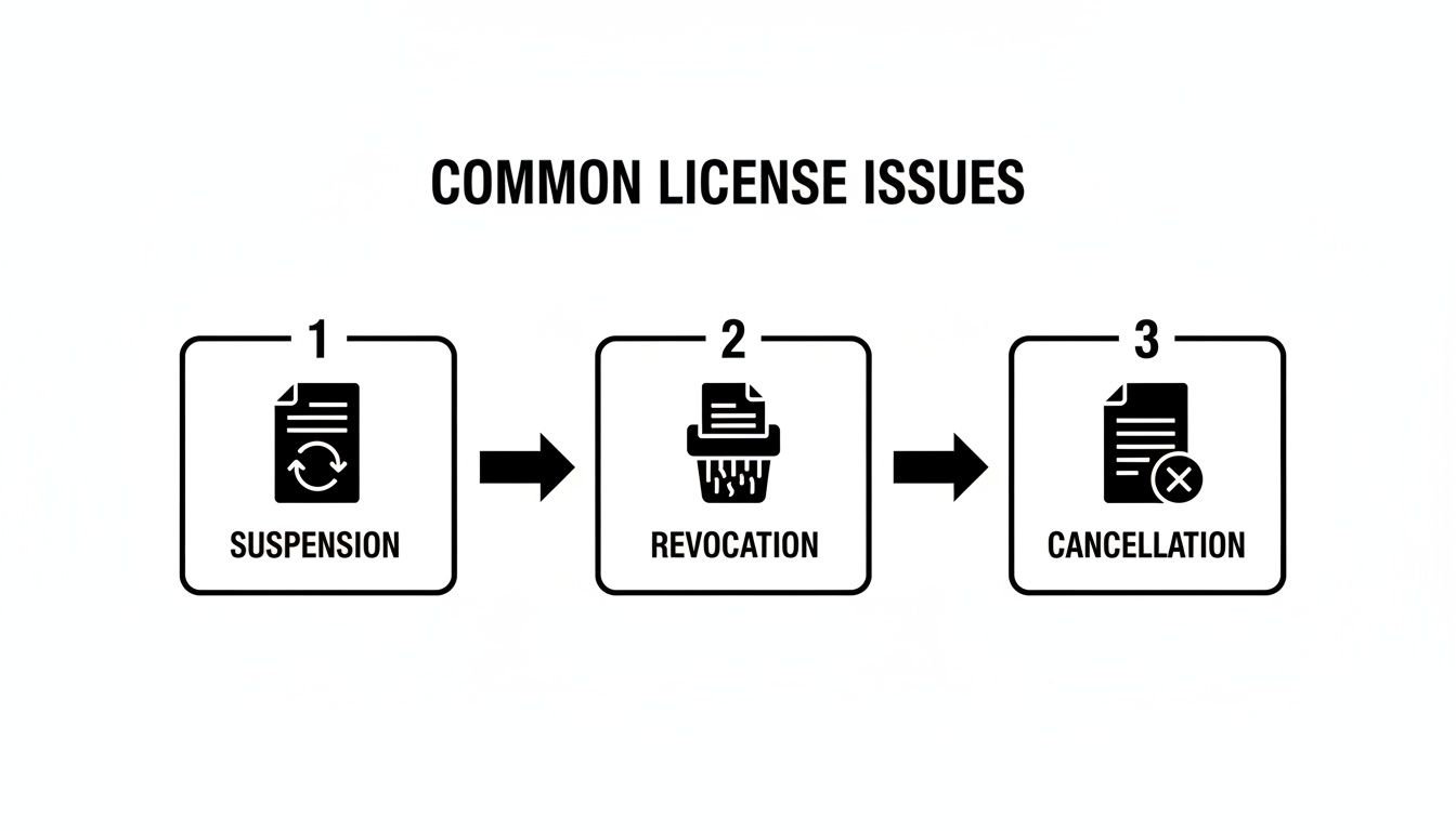 A flowchart illustrating common license issues: suspension, revocation, and cancellation, with descriptive icons.