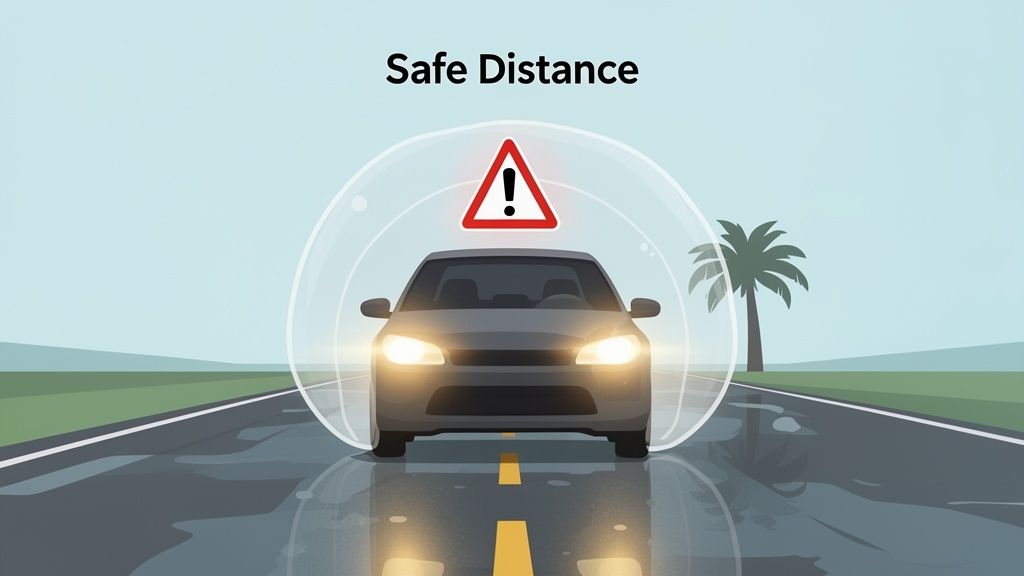 A grey car on a wet road, illustrating 'Safe Distance' with a warning sign in a safety bubble.