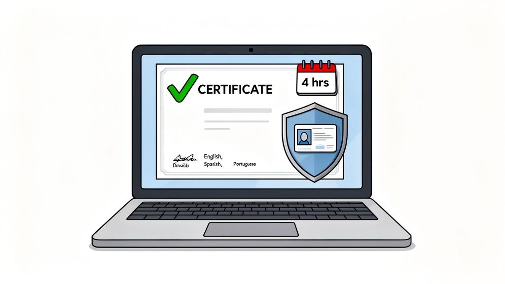A laptop displays a digital certificate with a green checkmark, languages, 4-hour duration, and secure ID.