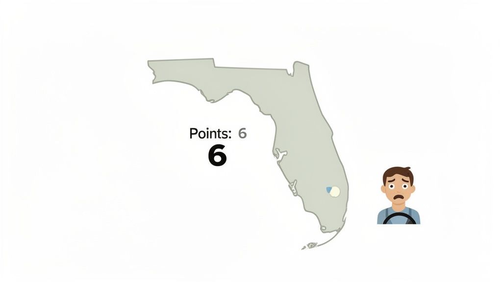Illustration of Florida map with 'Points: 6' text and a worried cartoon driver holding a steering wheel.