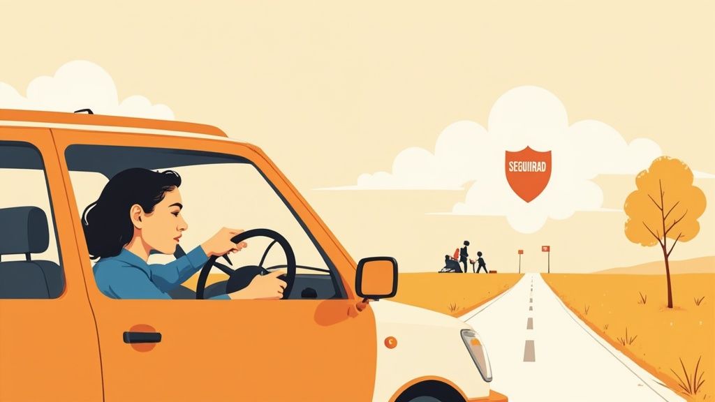 Woman driving an orange car on a road, with a 'SEGURIDAD' shield and family in the distance.
