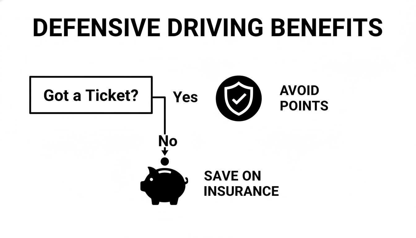 Flowchart illustrates defensive driving benefits: avoid points after a ticket, save on insurance.