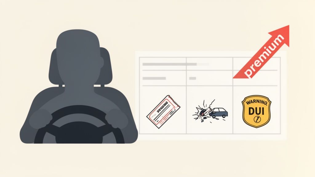 An illustration of a driver and a chart showing a speeding ticket, car crash, DUI, and increasing insurance premium.