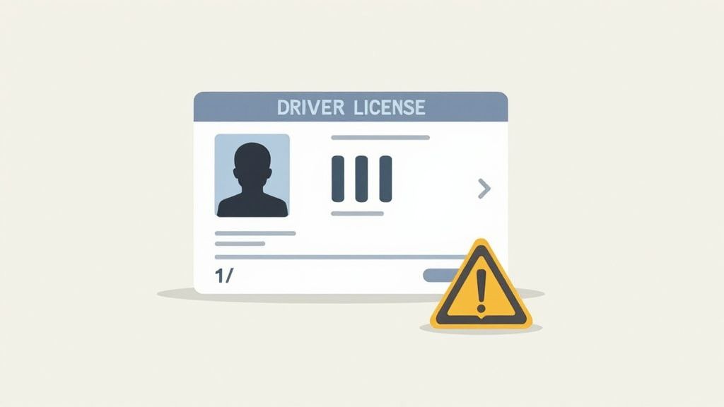 An illustration of a driver's license card with a prominent yellow warning sign, indicating a suspended license.