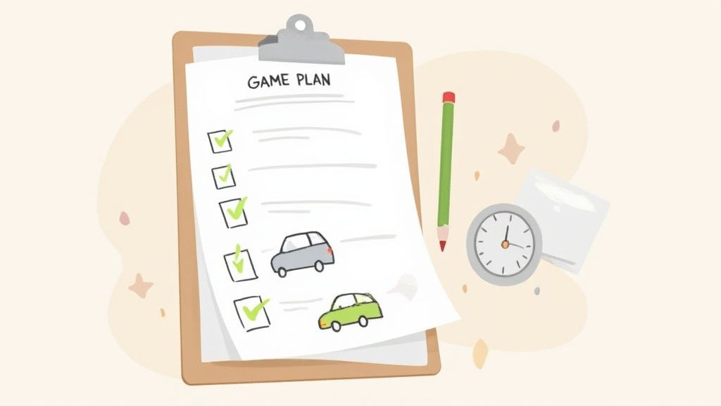 A car's dashboard with keys in the ignition, ready for a driving test