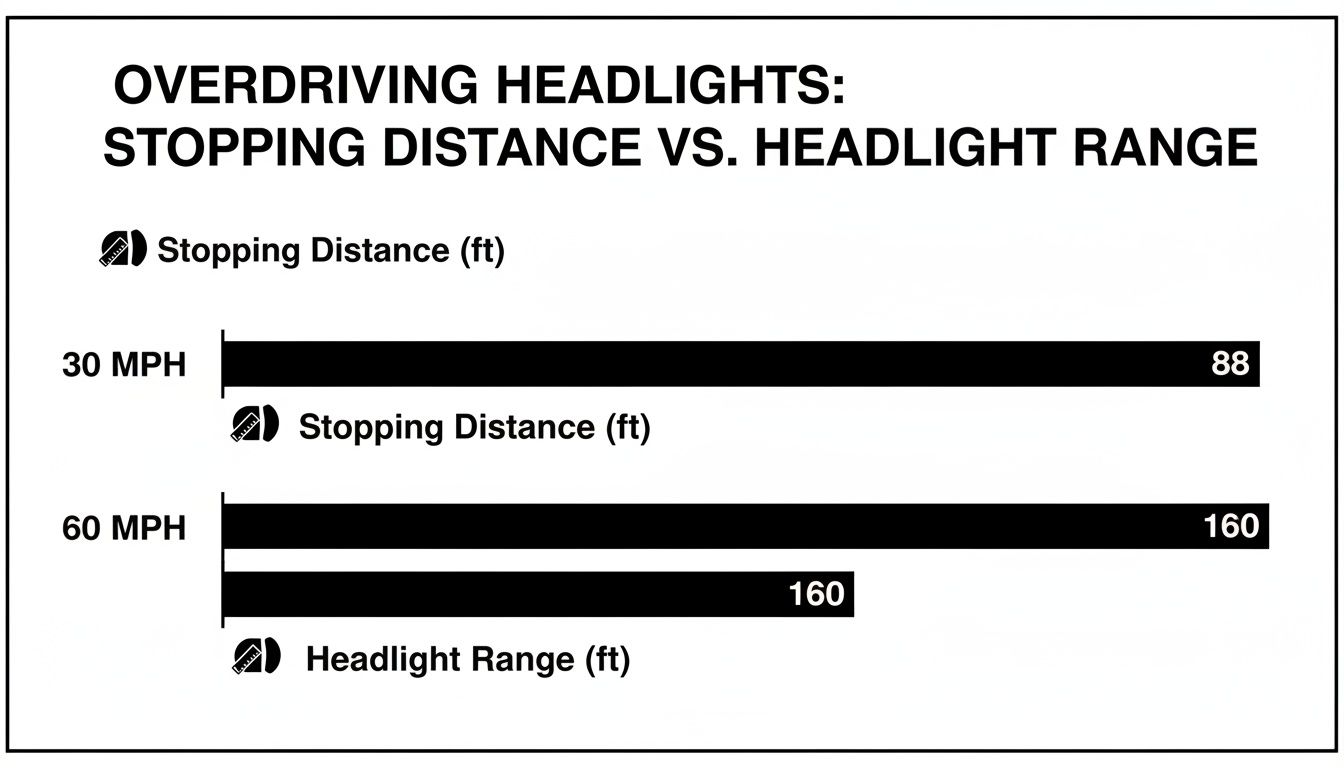 Bar chart comparing car stopping distance and headlight range at 30 and 60 mph.