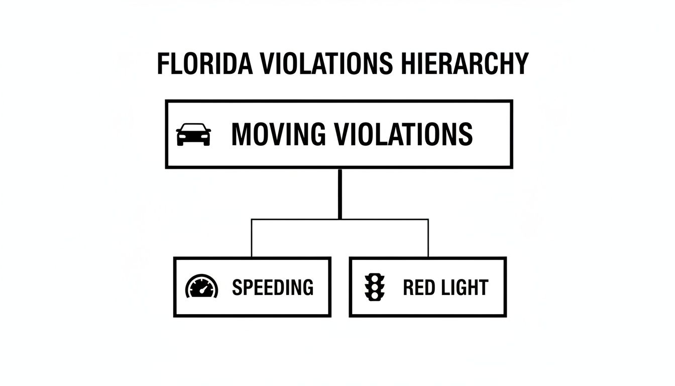 Hierarchy diagram of Florida moving violations, categorizing speeding and red light offenses.