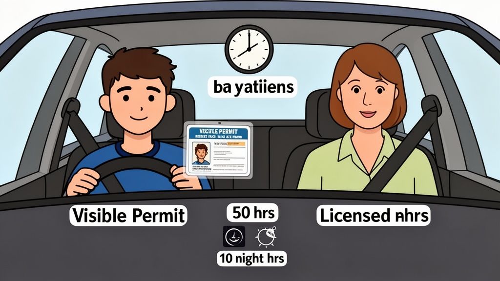 A young learner driver with a visible permit and a licensed adult supervising, showing driving hour requirements.