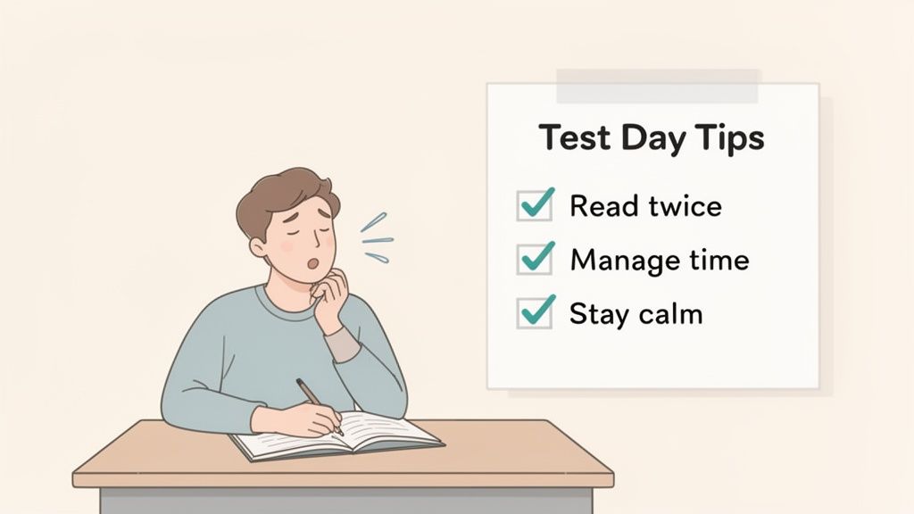 A student studying at a desk with 'Test Day Tips' on a board: 'Read twice', 'Manage time', 'Stay calm'.