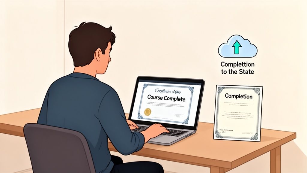 A person completes an online course on a laptop, receiving a certificate and submitting completion to the state.