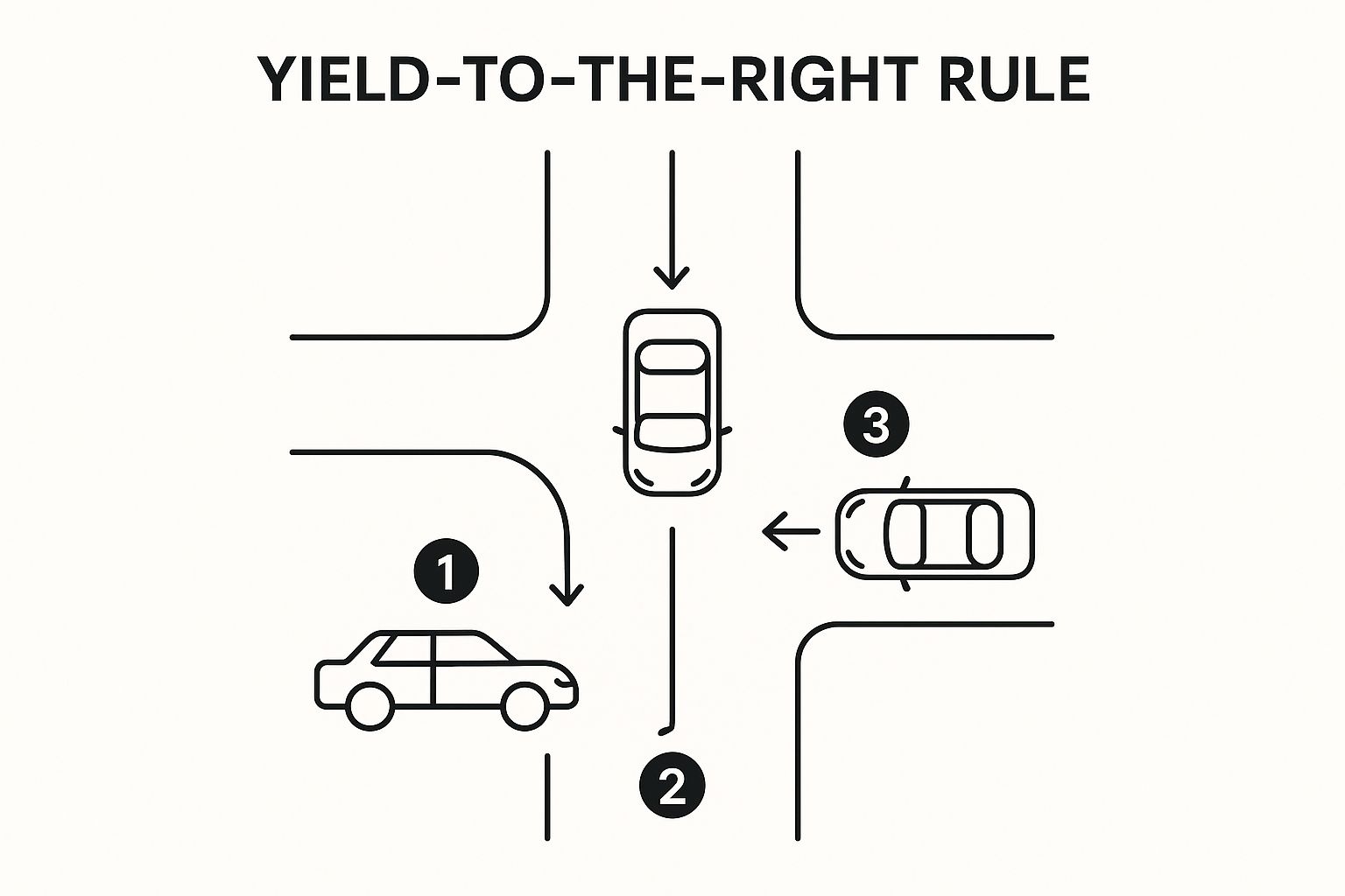 A diagram showing the right-of-way rule at a four-way stop, a key lesson in the Florida Drivers Handbook and BDI driving courses.
