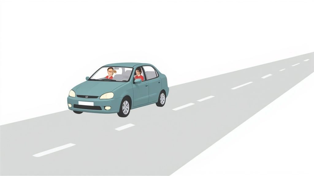 A light blue car with two people drives on a grey road with dashed white lines.