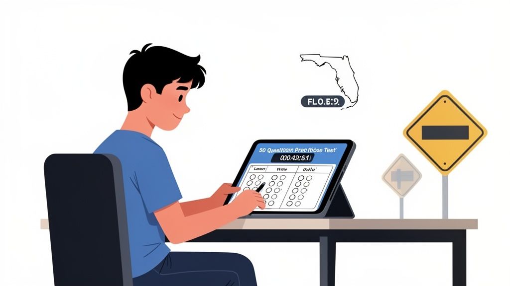 A person takes a timed 50-question practice test on a tablet for a Florida permit.