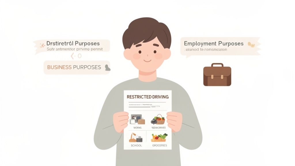 A person explains restricted driving for essential purposes: work, school, groceries, business, and employment.