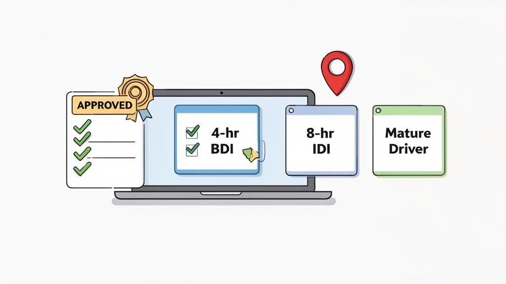 Illustration of a laptop displaying various driver education course options, approval, and a location pin.