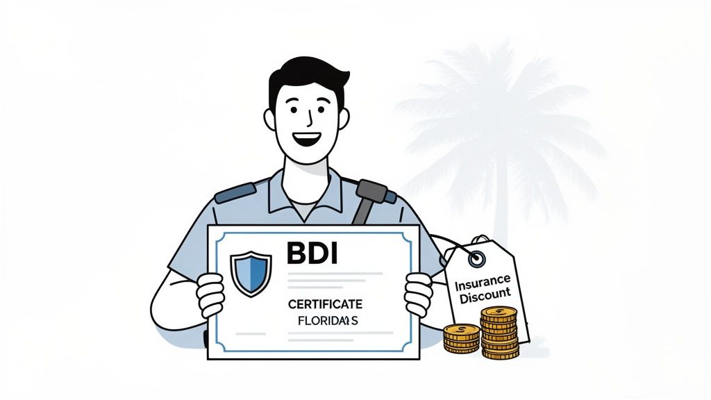 A smiling man in uniform holds a BDI certificate and an insurance discount tag with coins.