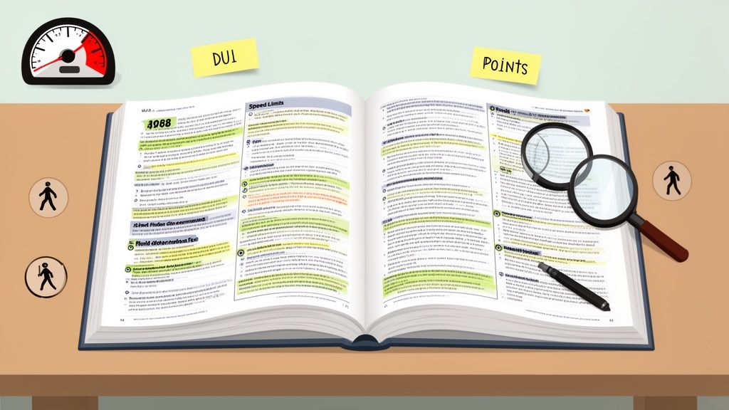 An open driving textbook with highlights, magnifying glasses, a speedometer, and sticky notes about DUI and points.